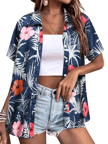 Womens Button Down Hawaiian Shirts Short Sleeve Floral Print Summer V Neck T-Shirt Casual Summer Beach Blouses Tops - Hawaiian Flair