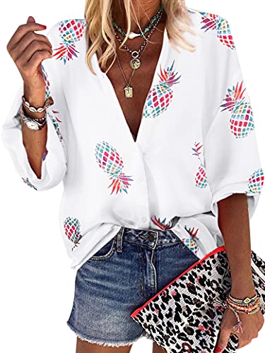 ZXZY Women Pineapple Printed Lapel Collar Half Sleeves Buttons Down Blouse Shirt - Hawaiian Flair