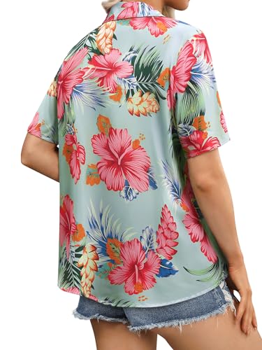 Womens Button Down Hawaiian Shirts Short Sleeve Floral Print Summer V Neck T-Shirt Casual Summer Beach Blouses Tops - Hawaiian Flair
