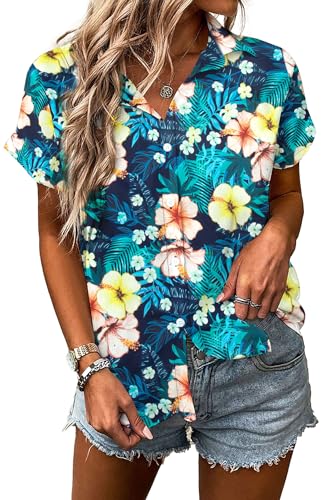 MYHALF Women Hawaiian Shirt Soft Cool Summer Hawaii Shirts Floral Tropic Print V Neck T-Shirt Short Sleeve Button Up Tops - Hawaiian Flair