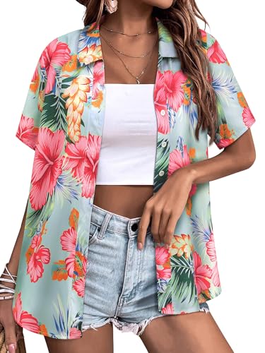 Womens Button Down Hawaiian Shirts Short Sleeve Floral Print Summer V Neck T-Shirt Casual Summer Beach Blouses Tops - Hawaiian Flair