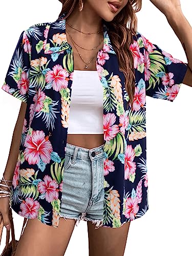 MYHALF Women Hawaiian Shirt Soft Cool Summer Hawaii Shirts Floral Tropic Print V Neck T-Shirt Short Sleeve Button Up Tops - Hawaiian Flair