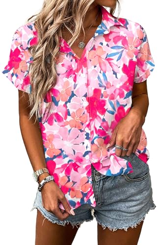 MYHALF Women Hawaiian Shirt Soft Cool Summer Hawaii Shirts Floral Tropic Print V Neck T-Shirt Short Sleeve Button Up Tops - Hawaiian Flair