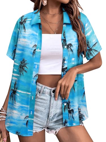 Womens Button Down Hawaiian Shirts Short Sleeve Floral Print Summer V Neck T-Shirt Casual Summer Beach Blouses Tops - Hawaiian Flair