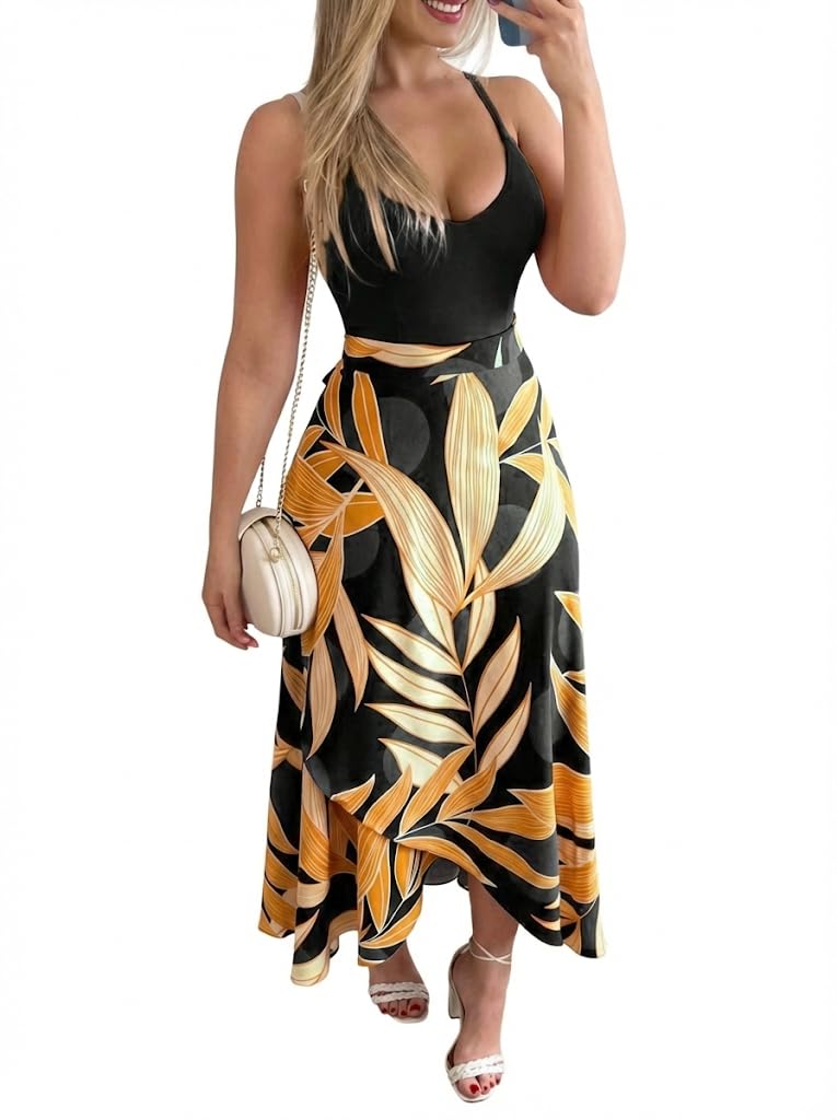 SKAYS Tropical Dresses for Women Summer Wrap Dress Boho Spaghetti Strap Backless Slit Thigh Maxi Dress