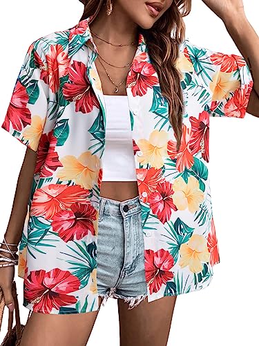 MYHALF Women Hawaiian Shirt Soft Cool Summer Hawaii Shirts Floral Tropic Print V Neck T-Shirt Short Sleeve Button Up Tops - Hawaiian Flair