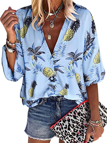 ZXZY Women Pineapple Printed Lapel Collar Half Sleeves Buttons Down Blouse Shirt - Hawaiian Flair