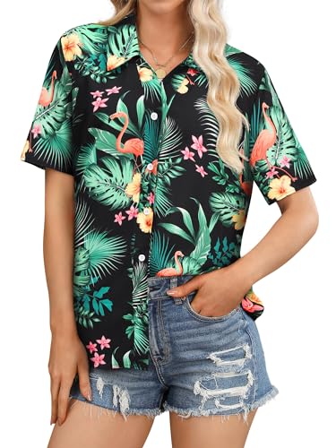 Womens Button Down Hawaiian Shirts Short Sleeve Floral Print Summer V Neck T-Shirt Casual Summer Beach Blouses Tops - Hawaiian Flair