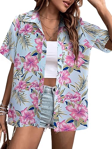 MYHALF Women Hawaiian Shirt Soft Cool Summer Hawaii Shirts Floral Tropic Print V Neck T-Shirt Short Sleeve Button Up Tops - Hawaiian Flair