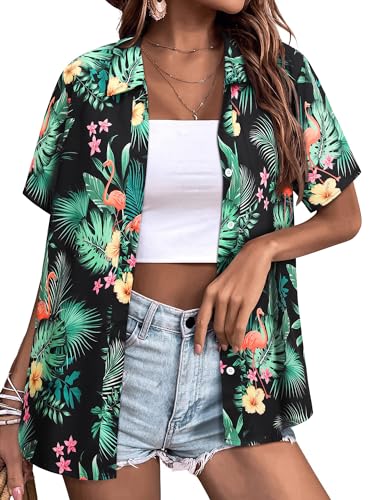Womens Button Down Hawaiian Shirts Short Sleeve Floral Print Summer V Neck T-Shirt Casual Summer Beach Blouses Tops - Hawaiian Flair