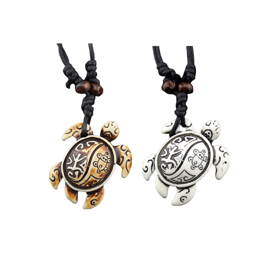 2PCS Hawaiian Protection Amulet Lucky Pendant Necklace Vintage Tiki Fish Hook Turtles Tortoise Shark Wolf Tooth Caved Satue Adjustable Rope Chain Necklaces for Men Women - Hawaiian Flair