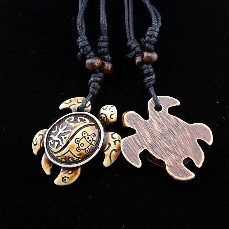 2PCS Hawaiian Protection Amulet Lucky Pendant Necklace Vintage Tiki Fish Hook Turtles Tortoise Shark Wolf Tooth Caved Satue Adjustable Rope Chain Necklaces for Men Women - Hawaiian Flair