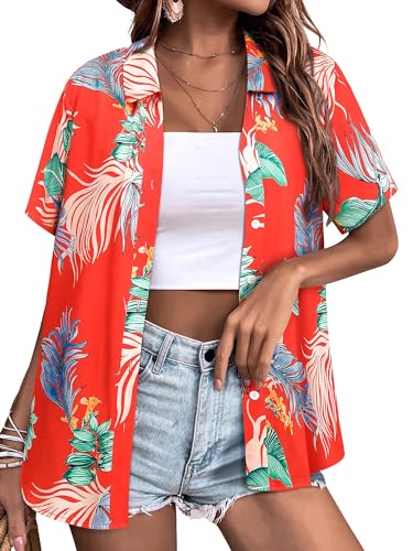 Womens Button Down Hawaiian Shirts Short Sleeve Floral Print Summer V Neck T-Shirt Casual Summer Beach Blouses Tops - Hawaiian Flair