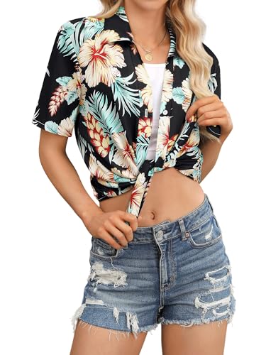Womens Button Down Hawaiian Shirts Short Sleeve Floral Print Summer V Neck T-Shirt Casual Summer Beach Blouses Tops - Hawaiian Flair