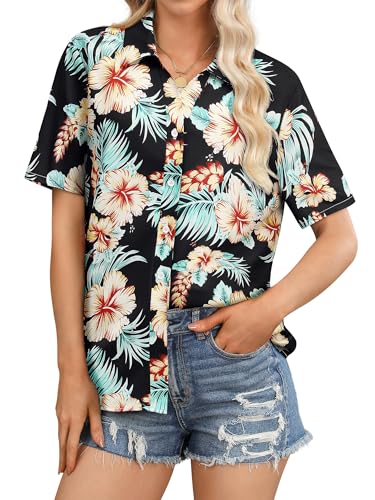 Womens Button Down Hawaiian Shirts Short Sleeve Floral Print Summer V Neck T-Shirt Casual Summer Beach Blouses Tops - Hawaiian Flair