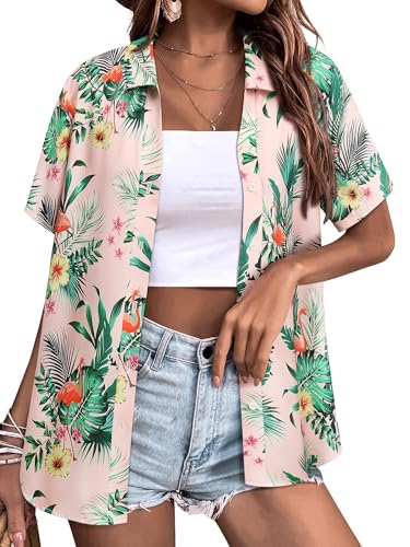 Womens Button Down Hawaiian Shirts Short Sleeve Floral Print Summer V Neck T-Shirt Casual Summer Beach Blouses Tops - Hawaiian Flair