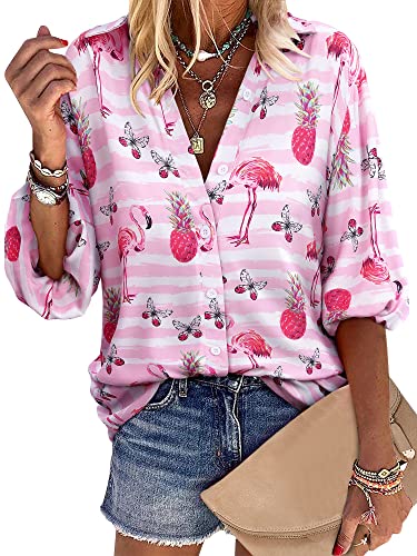 ZXZY Women Pineapple Printed Lapel Collar Half Sleeves Buttons Down Blouse Shirt - Hawaiian Flair