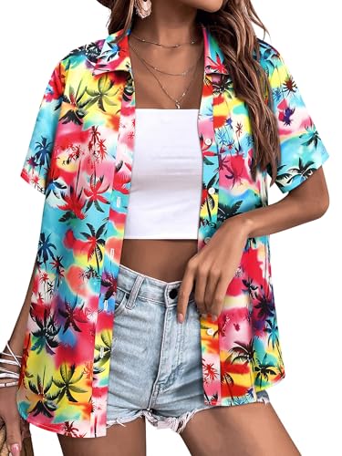 Womens Button Down Hawaiian Shirts Short Sleeve Floral Print Summer V Neck T-Shirt Casual Summer Beach Blouses Tops - Hawaiian Flair