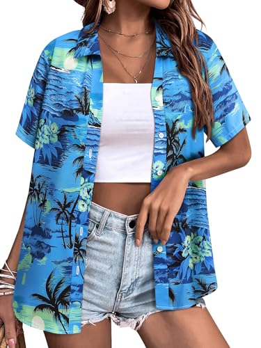 Womens Button Down Hawaiian Shirts Short Sleeve Floral Print Summer V Neck T-Shirt Casual Summer Beach Blouses Tops - Hawaiian Flair