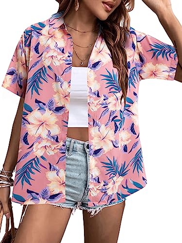 MYHALF Women Hawaiian Shirt Soft Cool Summer Hawaii Shirts Floral Tropic Print V Neck T-Shirt Short Sleeve Button Up Tops - Hawaiian Flair