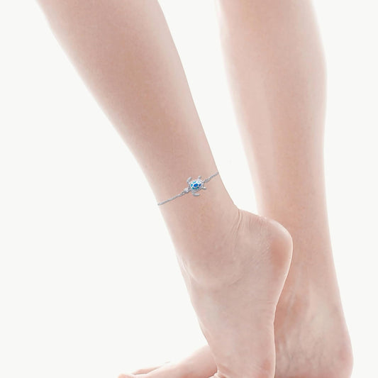 Blue Opal Sea Turtle Ankle Sterling Silver Anklet Fine Jewelry for Women Gifts 4 Level Adjustable Anklet (Large Bracelet) - Hawaiian Flair