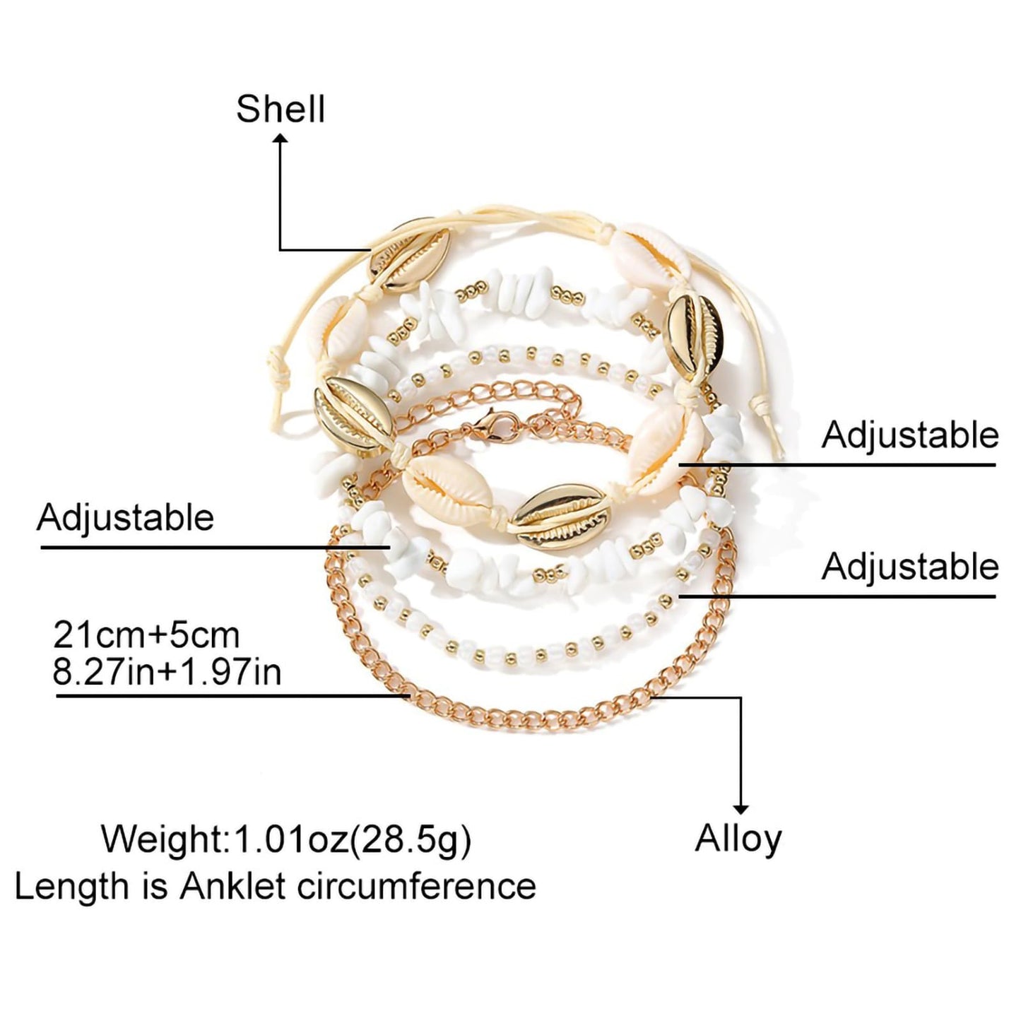 Shell Ankle Bracelet Set for Women, 14K Gold Boho Bead Adjustable Anklet, Hawaiian Beach Seashell Pearl Heart Starfish Conch Foot Jewelry Gifts - Hawaiian Flair