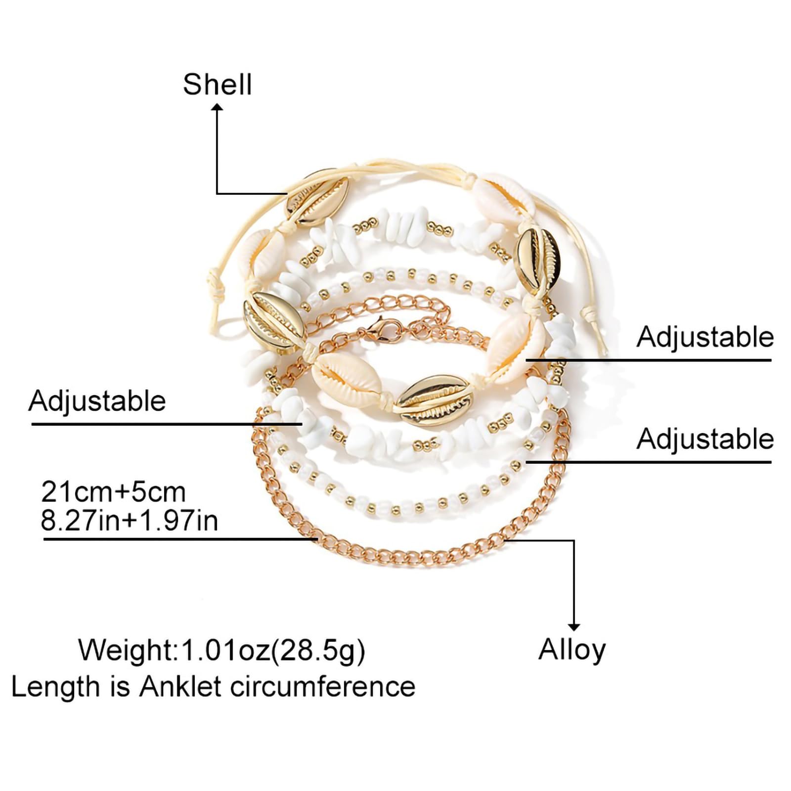 Shell Ankle Bracelet Set for Women, 14K Gold Boho Bead Adjustable Anklet, Hawaiian Beach Seashell Pearl Heart Starfish Conch Foot Jewelry Gifts - Hawaiian Flair