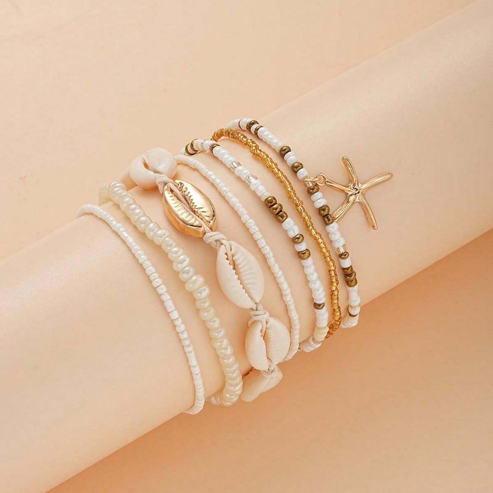Shell Ankle Bracelet Set for Women, 14K Gold Boho Bead Adjustable Anklet, Hawaiian Beach Seashell Pearl Heart Starfish Conch Foot Jewelry Gifts - Hawaiian Flair