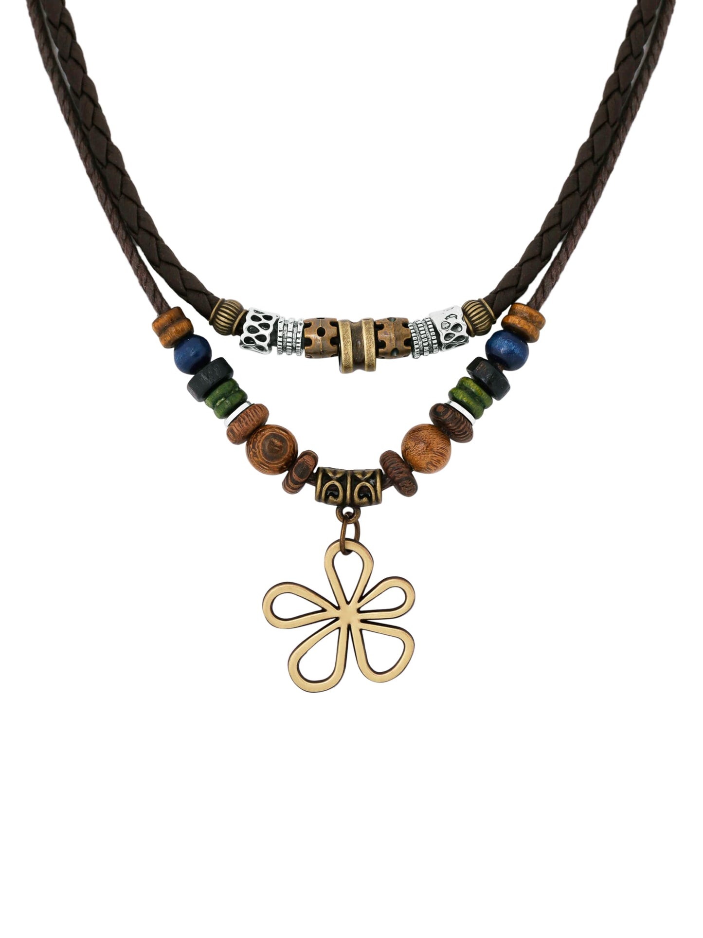 MINACHI Ethnic Boho Colorful Braided Rope Necklace, Multi-Layered, Wooden Beads, Copper Butterfly Pendant, Women's Jewelry