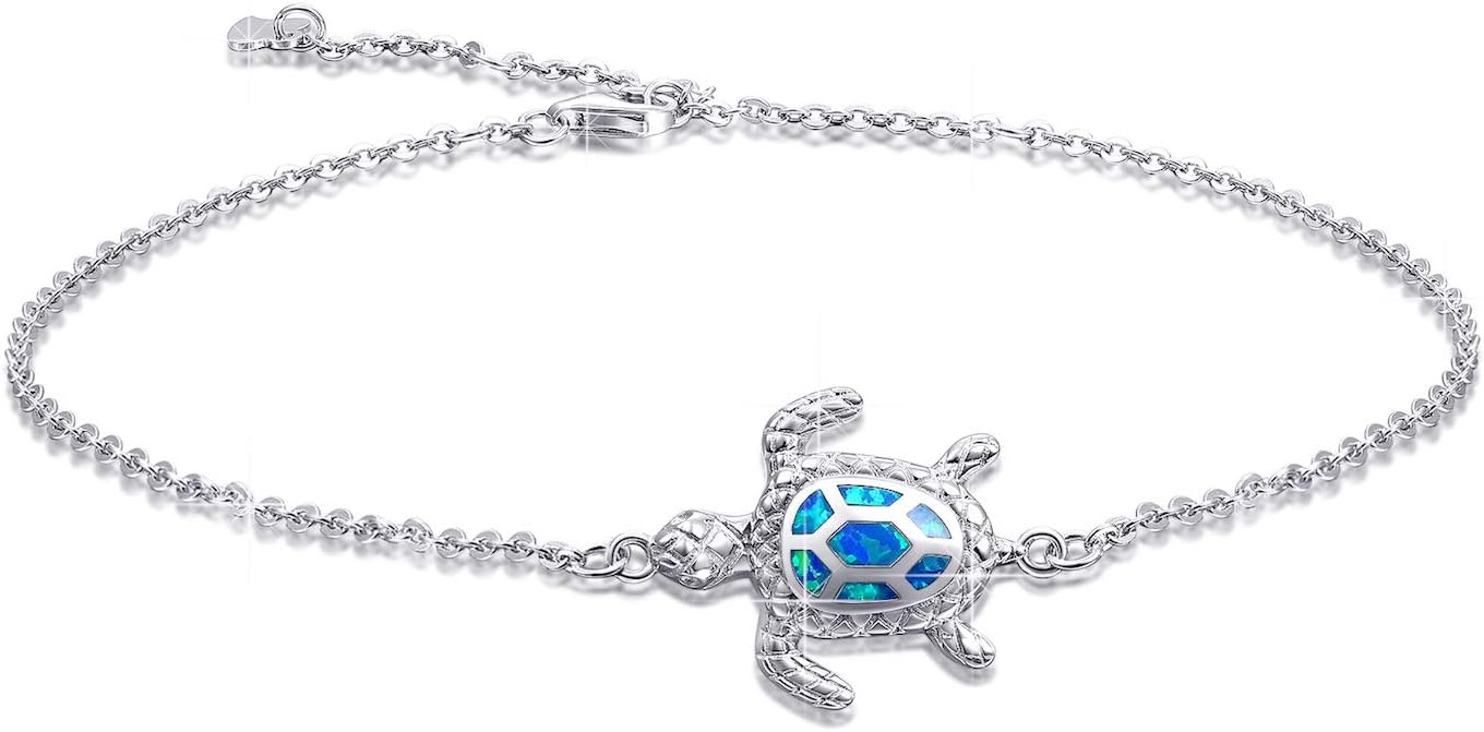 Blue Opal Sea Turtle Ankle Sterling Silver Anklet Fine Jewelry for Women Gifts 4 Level Adjustable Anklet (Large Bracelet) - Hawaiian Flair