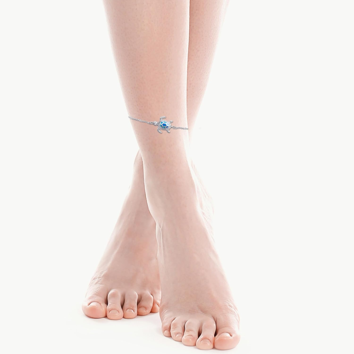 Blue Opal Sea Turtle Ankle Sterling Silver Anklet Fine Jewelry for Women Gifts 4 Level Adjustable Anklet (Large Bracelet) - Hawaiian Flair