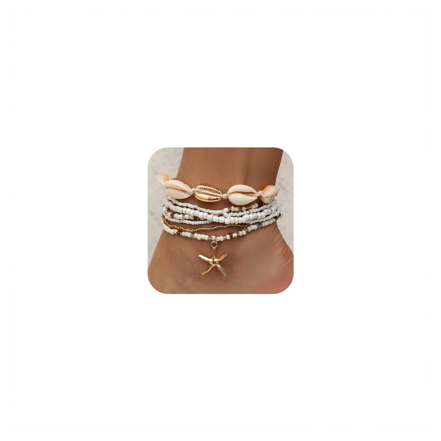Shell Ankle Bracelet Set for Women, 14K Gold Boho Bead Adjustable Anklet, Hawaiian Beach Seashell Pearl Heart Starfish Conch Foot Jewelry Gifts - Hawaiian Flair
