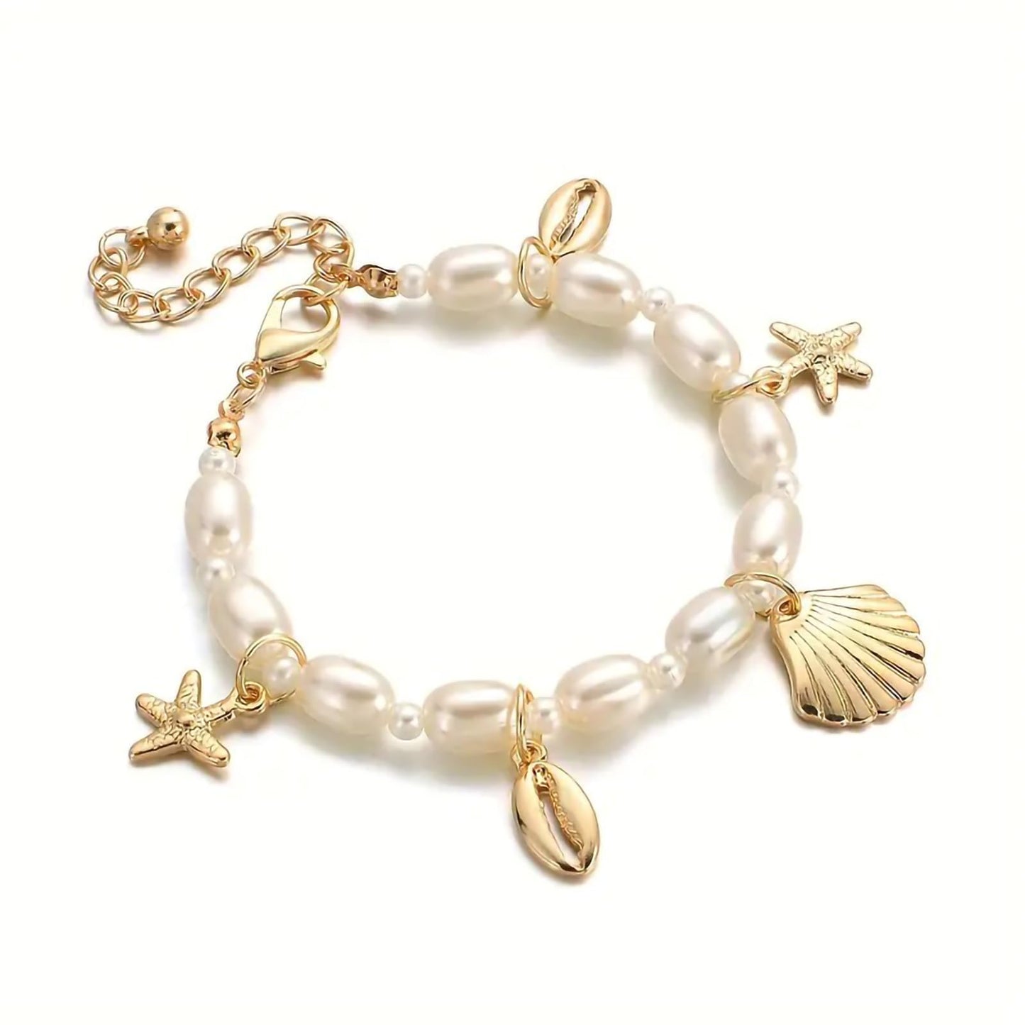 Shell Ankle Bracelet Set for Women, 14K Gold Boho Bead Adjustable Anklet, Hawaiian Beach Seashell Pearl Heart Starfish Conch Foot Jewelry Gifts - Hawaiian Flair
