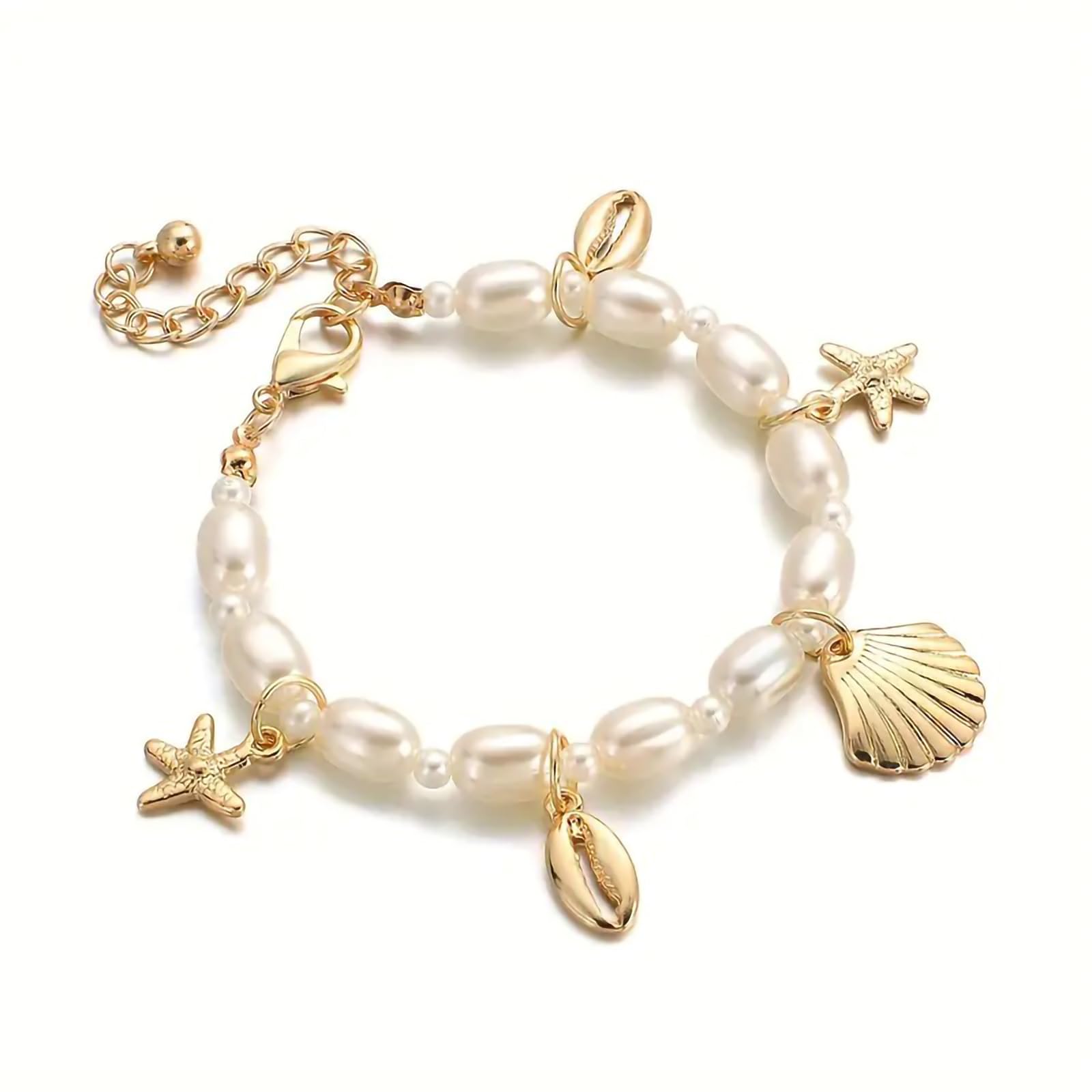 Shell Ankle Bracelet Set for Women, 14K Gold Boho Bead Adjustable Anklet, Hawaiian Beach Seashell Pearl Heart Starfish Conch Foot Jewelry Gifts - Hawaiian Flair