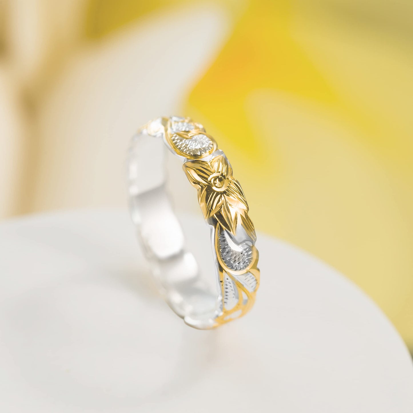 Aloha Jewelry Company 925 Sterling Silver 4mm Hawaiian Princess Plumeria Flower Scroll Ring Stackable Wedding Engagement Band, Nickel Free Hypoallergenic for Sensitive Skin, Gift Box Included