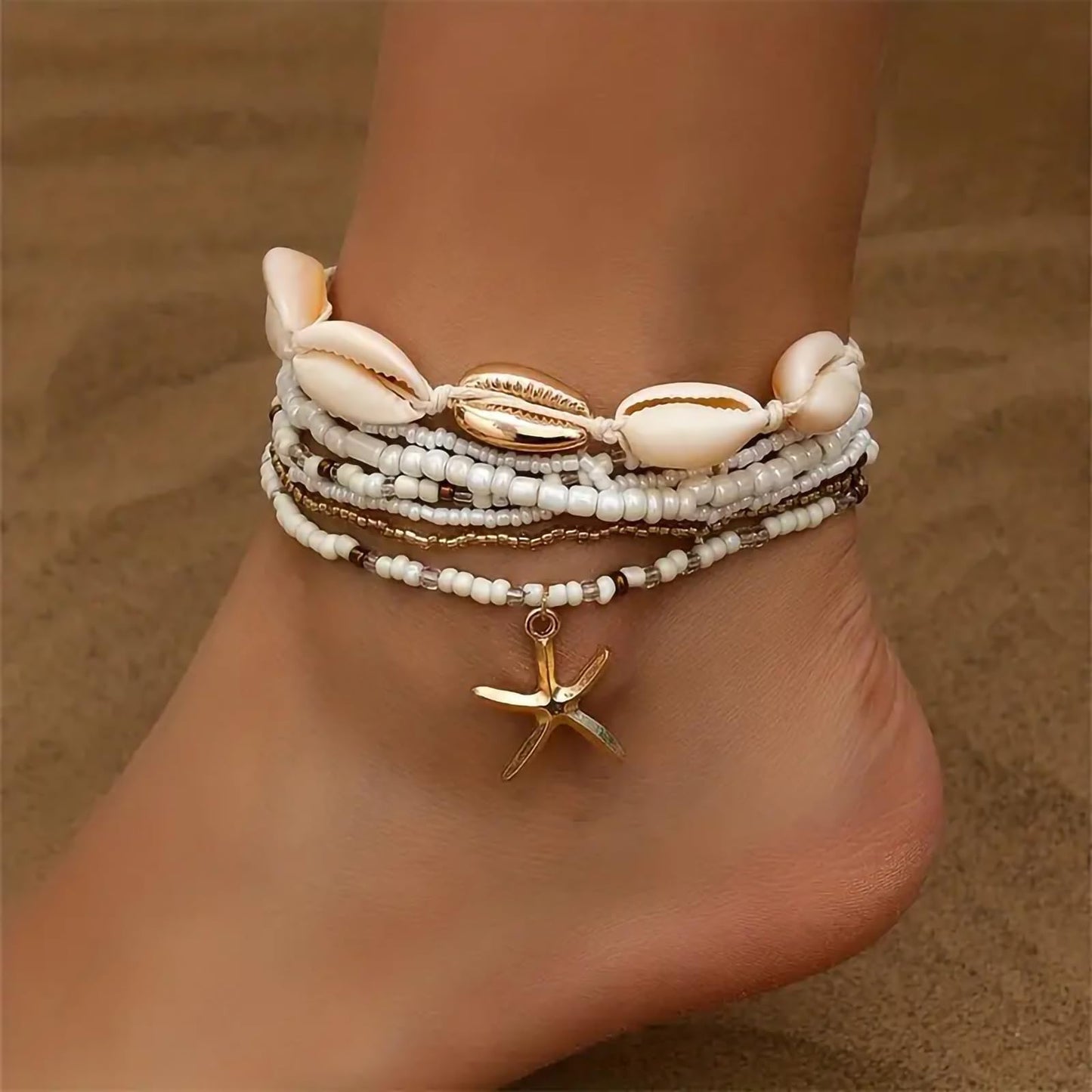 Shell Ankle Bracelet Set for Women, 14K Gold Boho Bead Adjustable Anklet, Hawaiian Beach Seashell Pearl Heart Starfish Conch Foot Jewelry Gifts - Hawaiian Flair