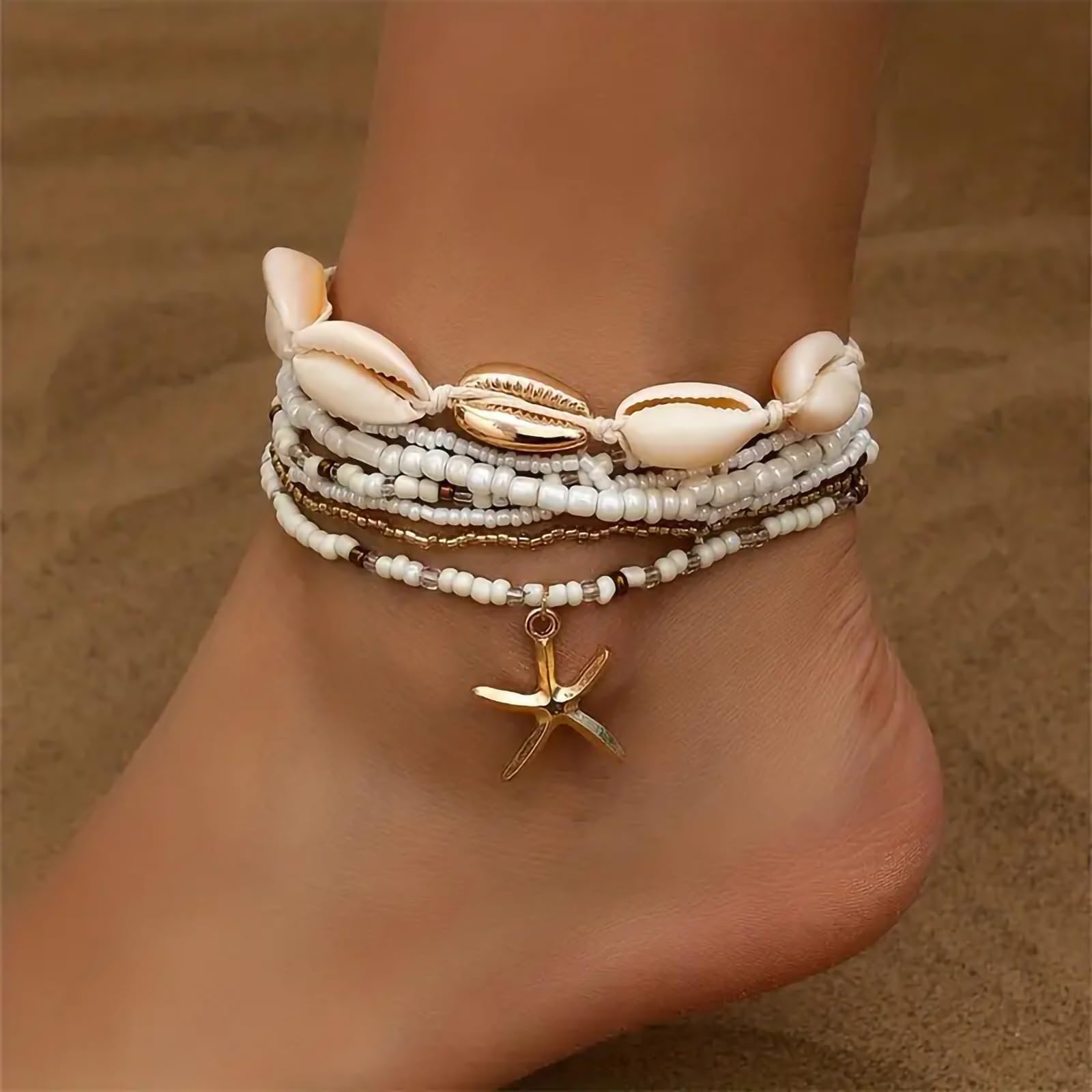 Shell Ankle Bracelet Set for Women, 14K Gold Boho Bead Adjustable Anklet, Hawaiian Beach Seashell Pearl Heart Starfish Conch Foot Jewelry Gifts - Hawaiian Flair