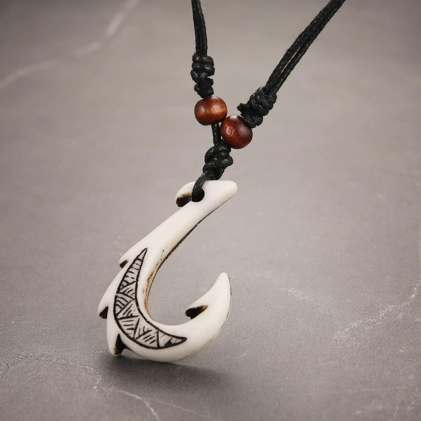HZMAN Hawaiian Fish Hook Pendant Hemp Cord Chain - Maori Tribal Necklace
