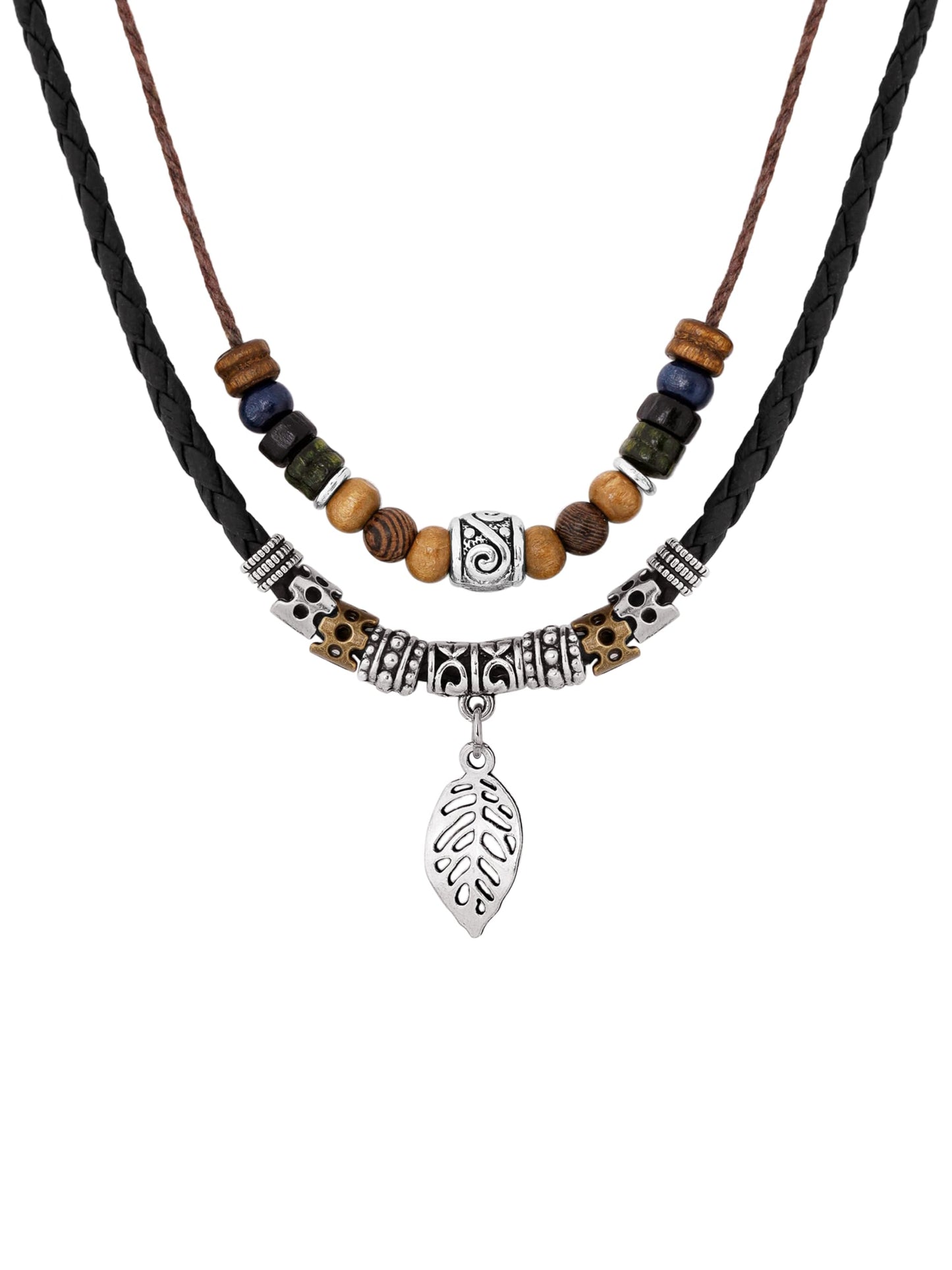 MINACHI Ethnic Boho Colorful Braided Rope Necklace, Multi-Layered, Wooden Beads, Copper Butterfly Pendant, Women's Jewelry