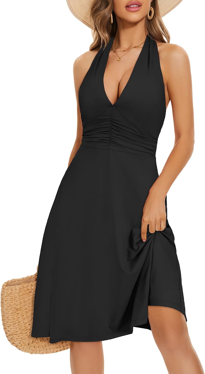 Women's Floral Halter Neck Sundress with Pockets