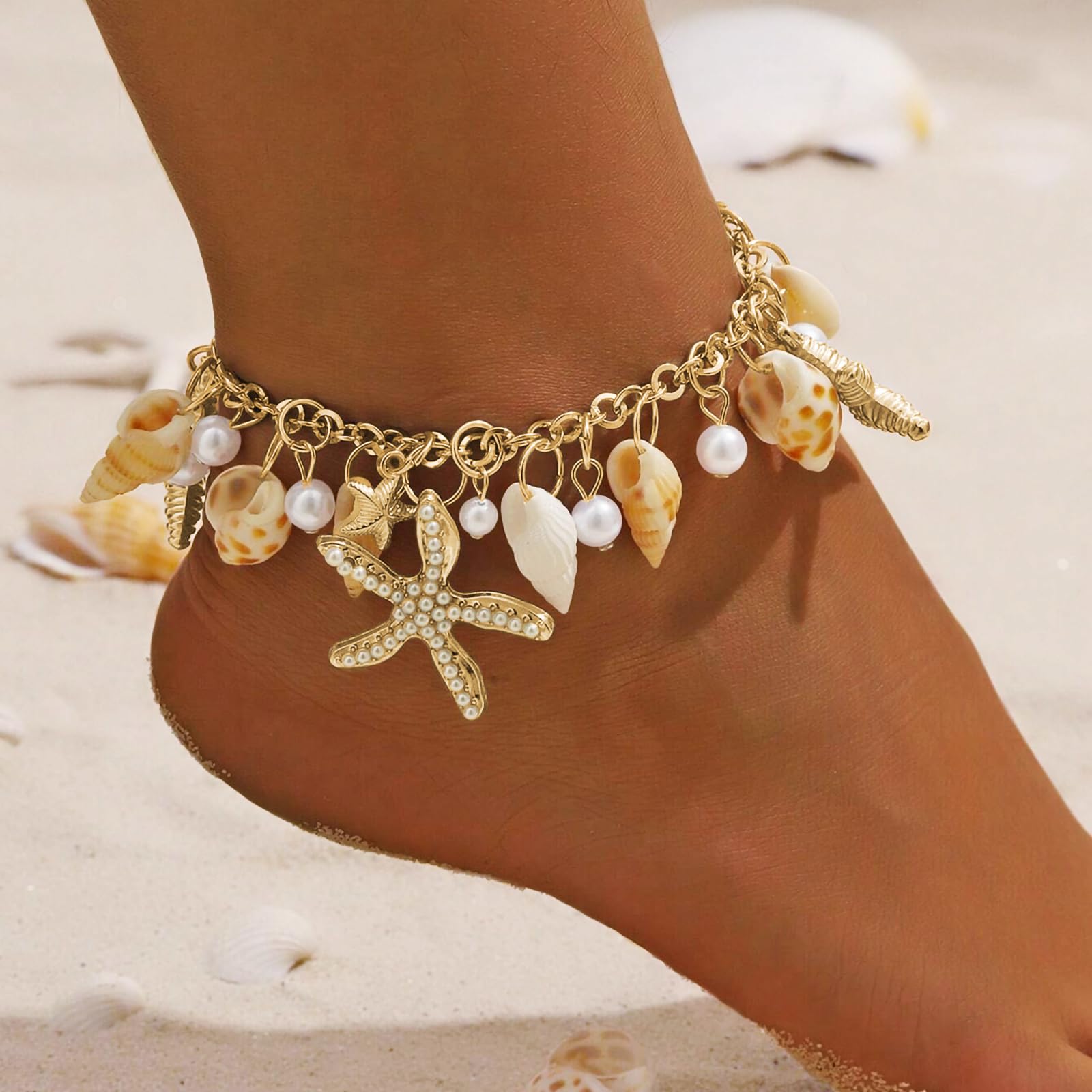 Shell Ankle Bracelet Set for Women, 14K Gold Boho Bead Adjustable Anklet, Hawaiian Beach Seashell Pearl Heart Starfish Conch Foot Jewelry Gifts - Hawaiian Flair