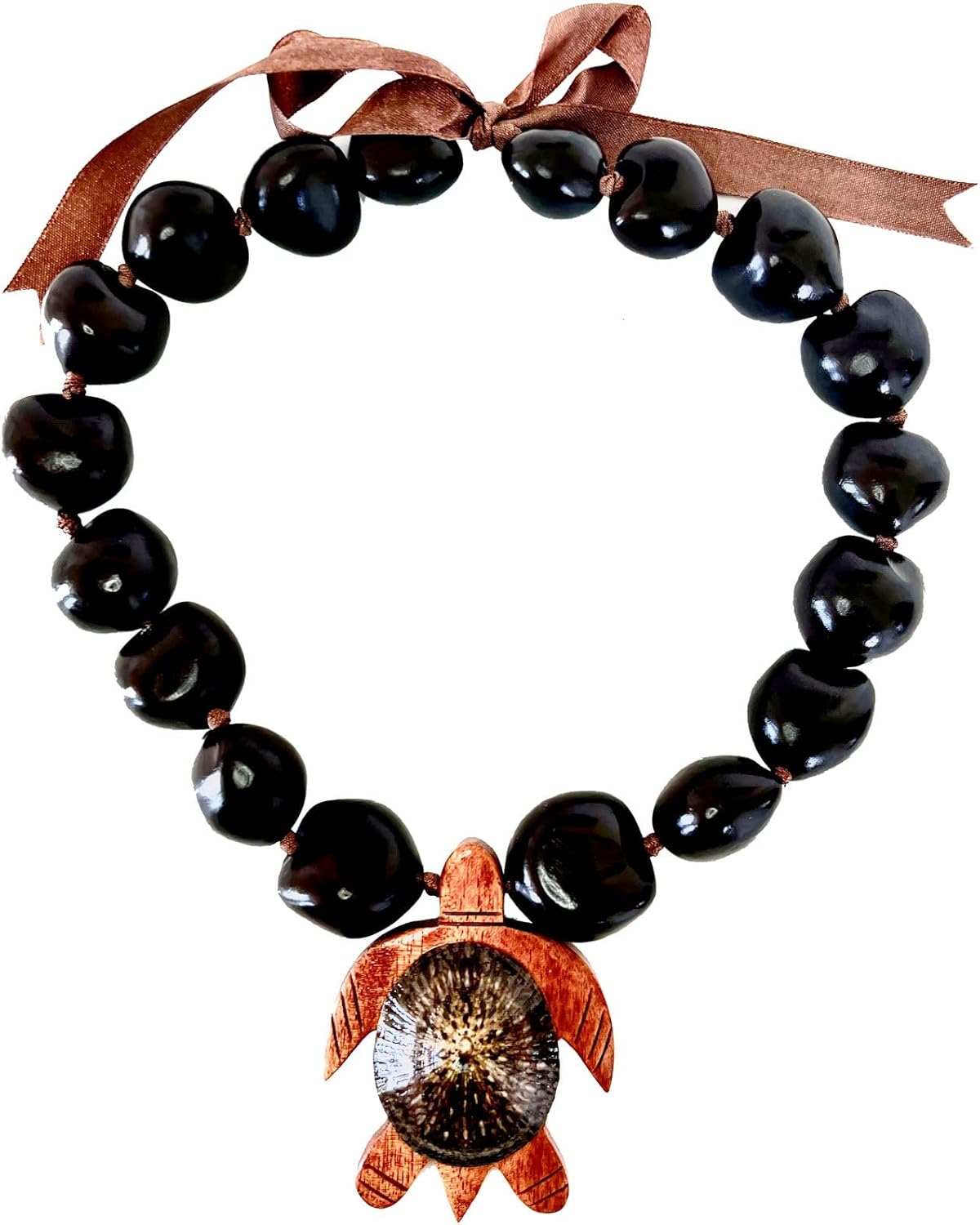 Hawaiian Jewelry 20" Brown Kukui Nut Choker Lei Necklace with Opihi Shell on Koa Wood Turtle Honu