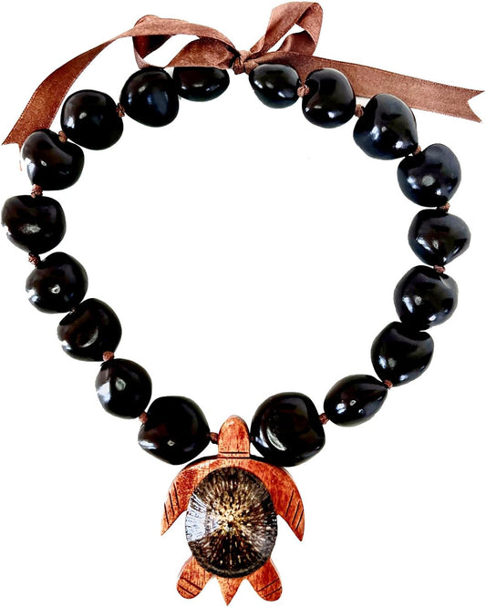 Hawaiian Jewelry 20" Brown Kukui Nut Choker Lei Necklace with Opihi Shell on Koa Wood Turtle Honu