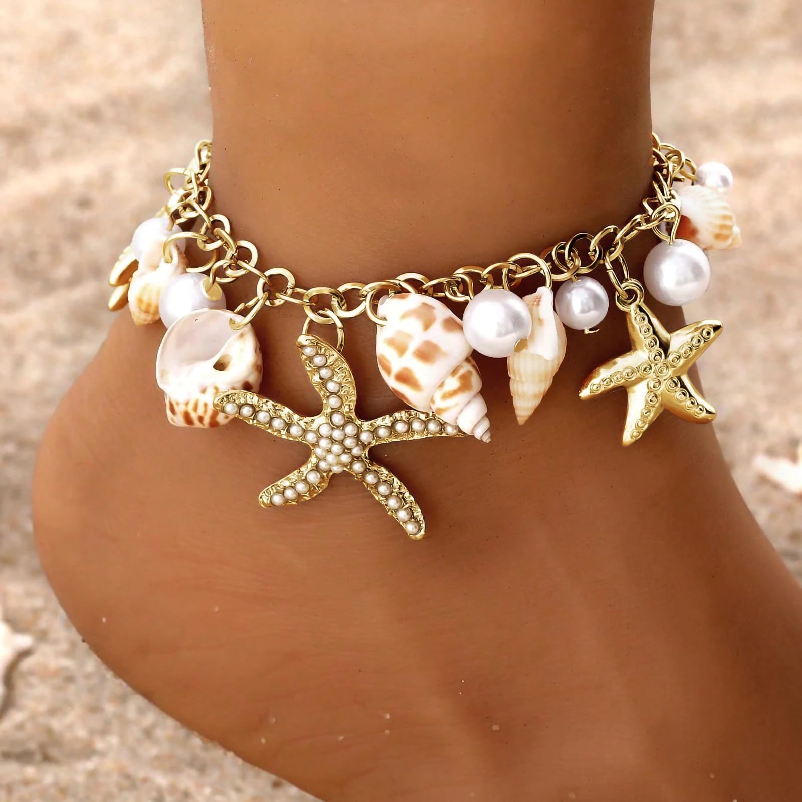 Shell Ankle Bracelet Set for Women, 14K Gold Boho Bead Adjustable Anklet, Hawaiian Beach Seashell Pearl Heart Starfish Conch Foot Jewelry Gifts - Hawaiian Flair