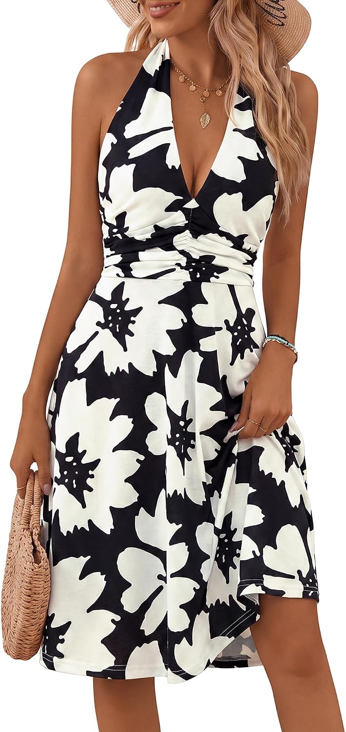 Women's Floral Halter Neck Sundress with Pockets