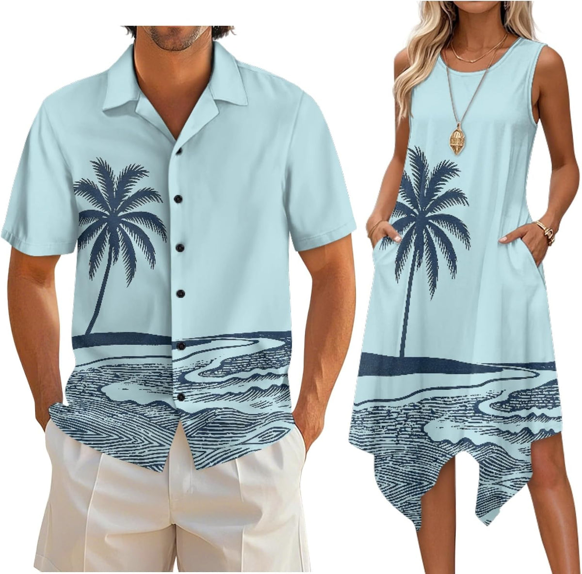 Couple Matching Outfit Hawaiian Men's Button Down Shirt Sleeveless Sundresses Dress Summer Dress for Women 2026