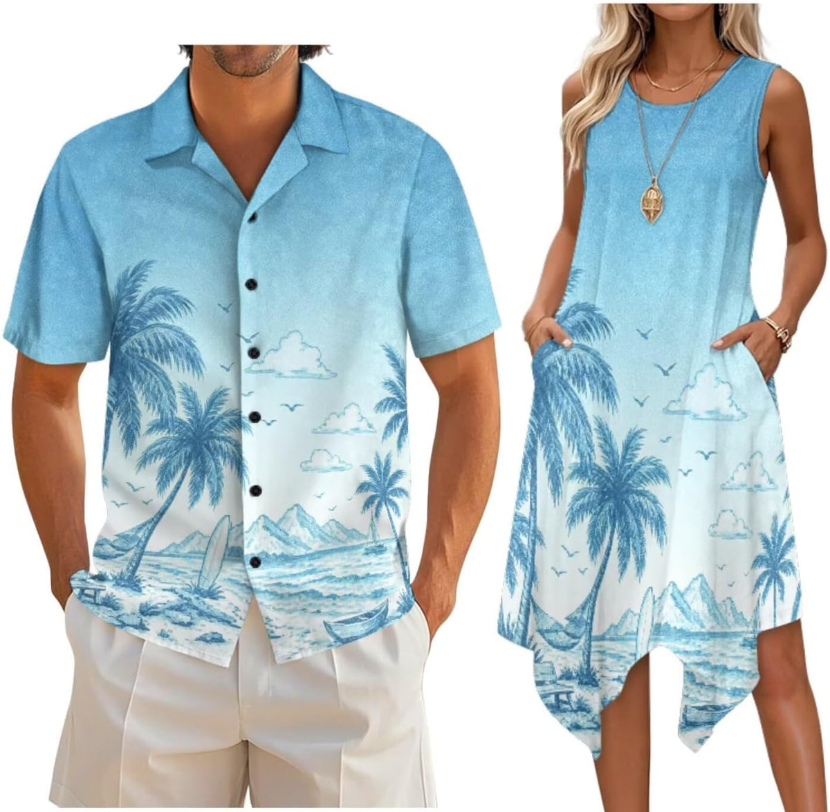 Couple Matching Outfit Hawaiian Men's Button Down Shirt Sleeveless Sundresses Dress Summer Dress for Women 2026