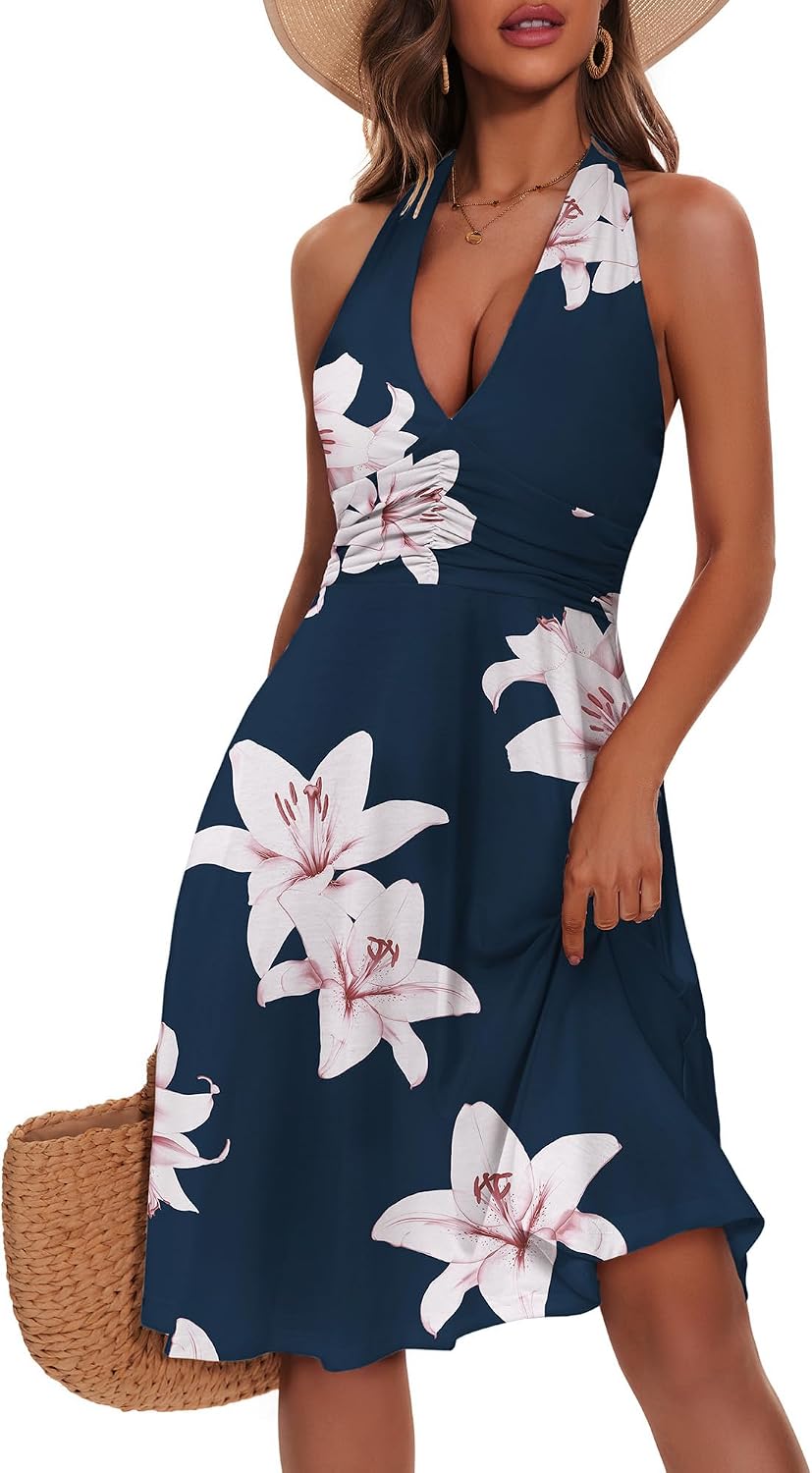 Women's Floral Halter Neck Sundress with Pockets