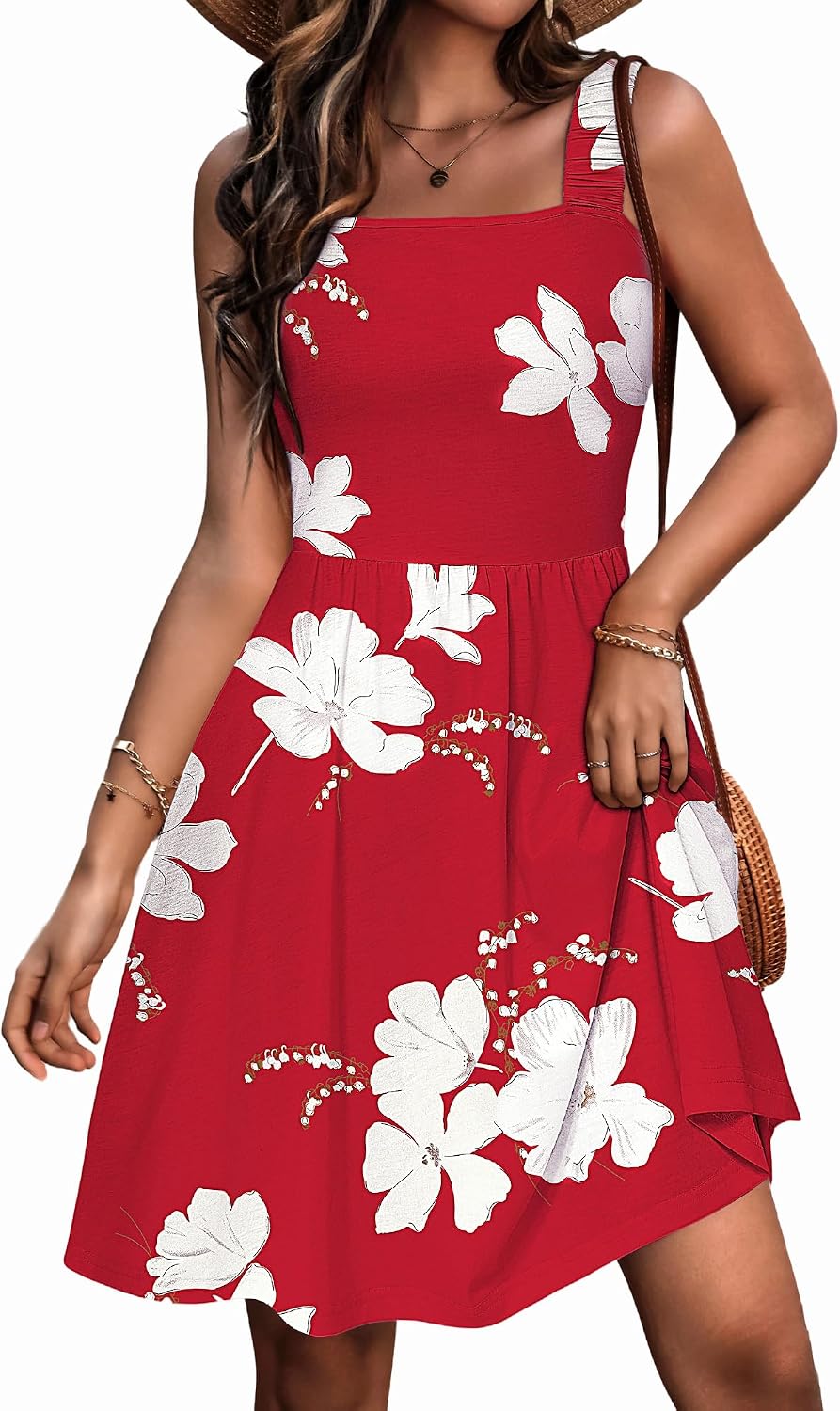 Women's Summer Casual Square Neck Dress with Pocket Cute Short Dress