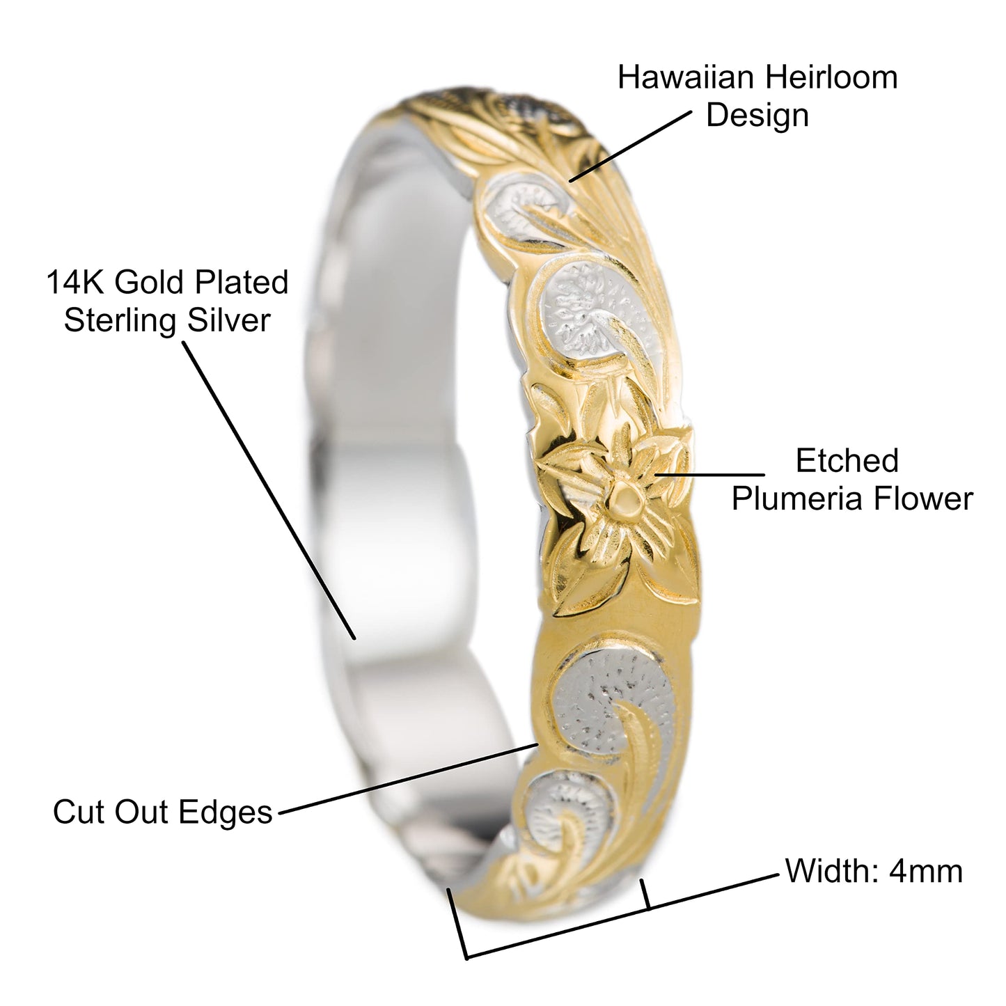 Aloha Jewelry Company 925 Sterling Silver 4mm Hawaiian Princess Plumeria Flower Scroll Ring Stackable Wedding Engagement Band, Nickel Free Hypoallergenic for Sensitive Skin, Gift Box Included